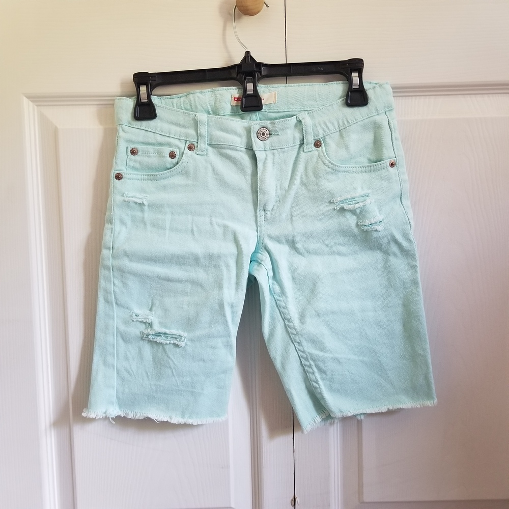 Levi's Girl's Shorts 14 Neon Blue Turquoise Distressed Bermuda Pockets Logo